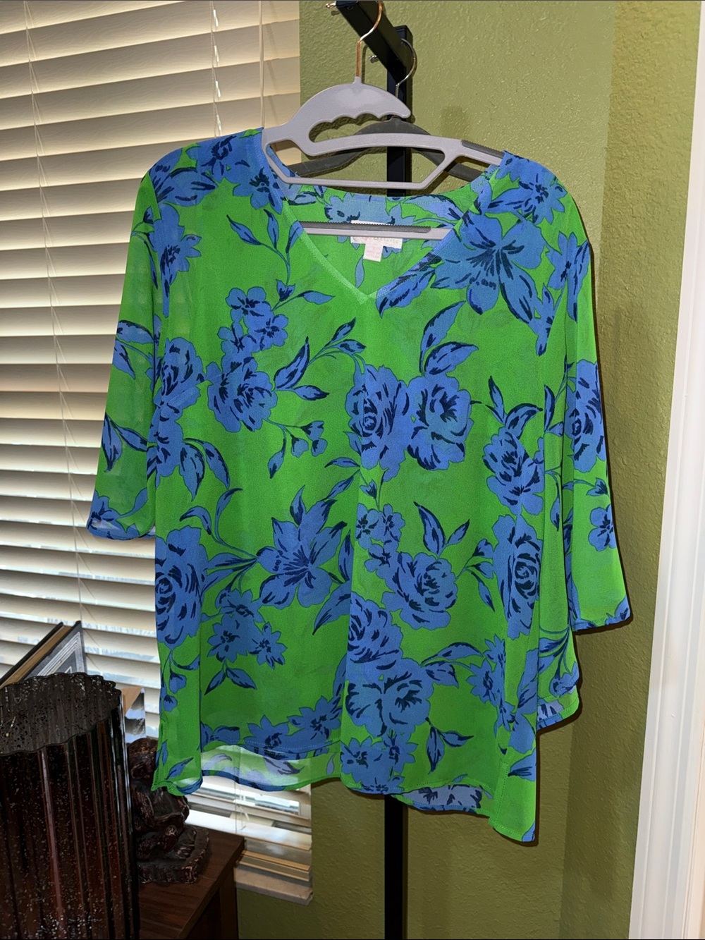 Belle by Kim Gravel Green Blouse with Blue Floral Print